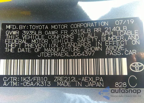 2020 Toyota Corolla Le from USA, damaged, VIN JTDEPRAEXLJ064397